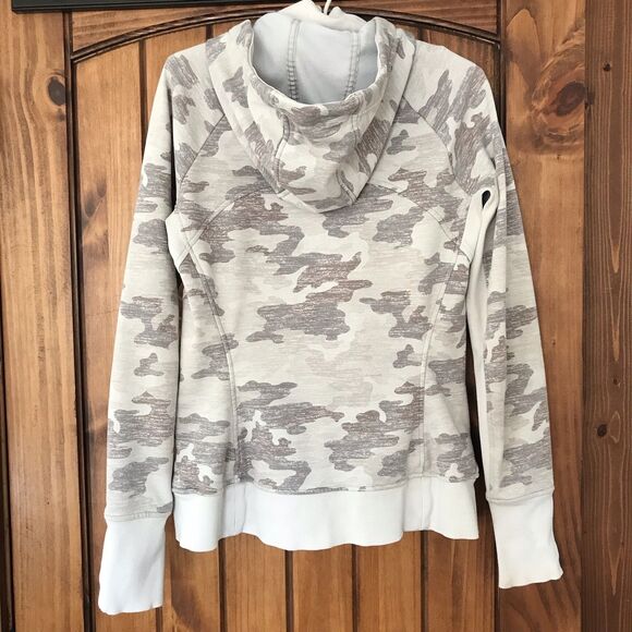 Athleta Triumph Hoodie Women Small Beige Gray Camo Thumbholes Jacket Heavy EUC - Picture 15 of 15